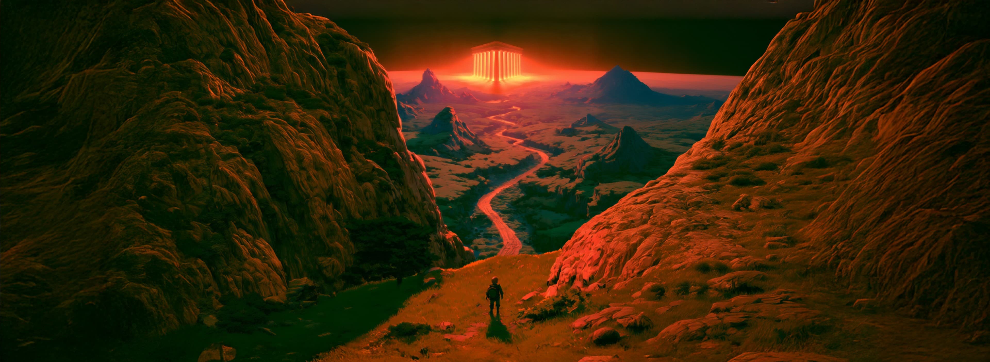 A lone traveler on a rocky path looks toward a glowing temple on the horizon