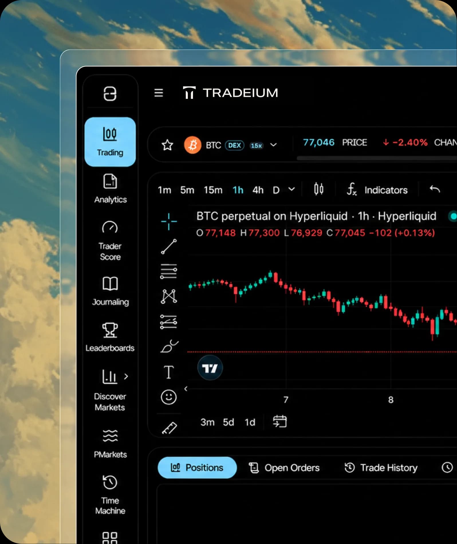 The Tradeium trading terminal: sidebar with Trading, Analytics, Trader Score, Journaling and Leaderboards, and a BTC chart